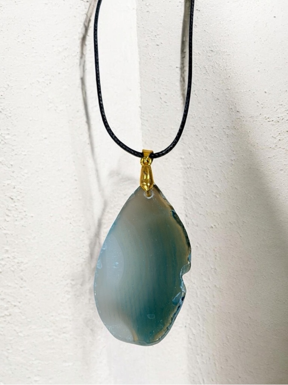 Blue Agate Teardrop Pendant Necklace with Gold Bail